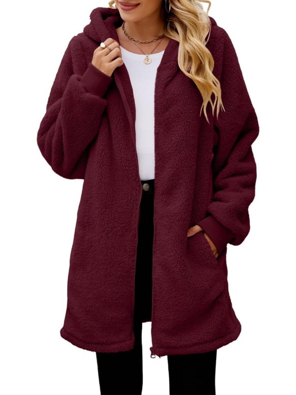 Cozy Oversized Fleece Zip-Up Jacket with Pockets | Warm Sherpa Teddy Hoodie